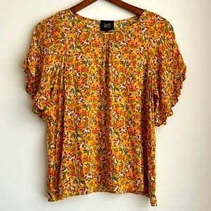 W5 Yellow Pink Floral Ruffle Sleeved Blouse
